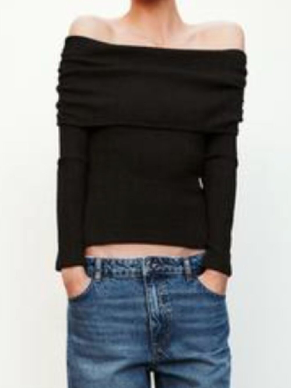Zara Black Off Shoulder Knit Top S Long Sleeve Fitted Stretch